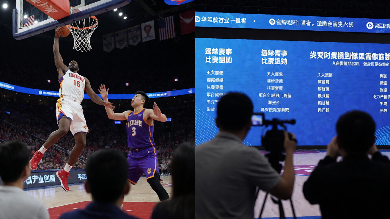 篮球赛事直播场景，NBA赛场上球员精彩扣篮瞬间，星空电竞提供篮球赛事数据服务