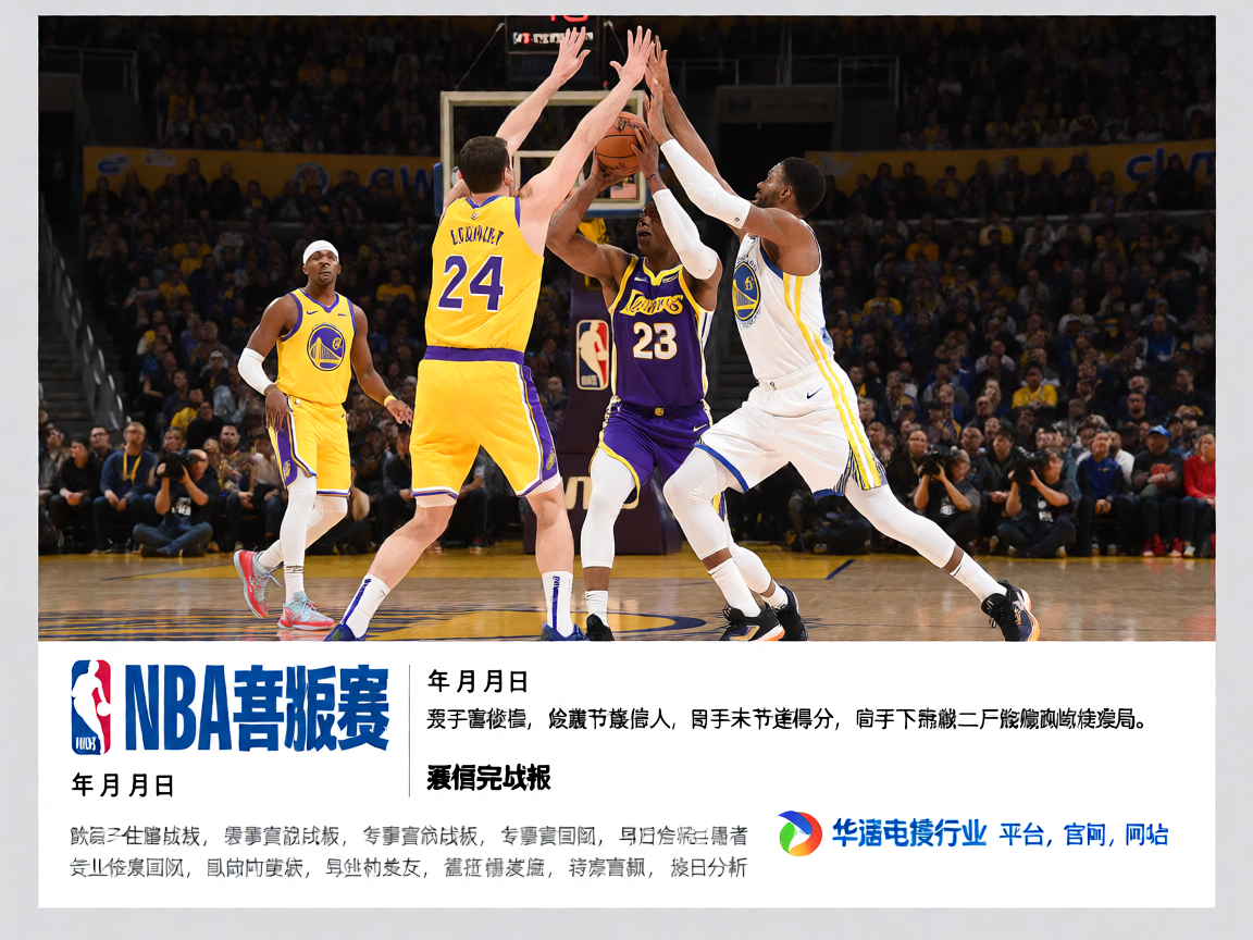 NBA常规赛现场，湖人队与勇士队激烈对抗的篮球比赛场景